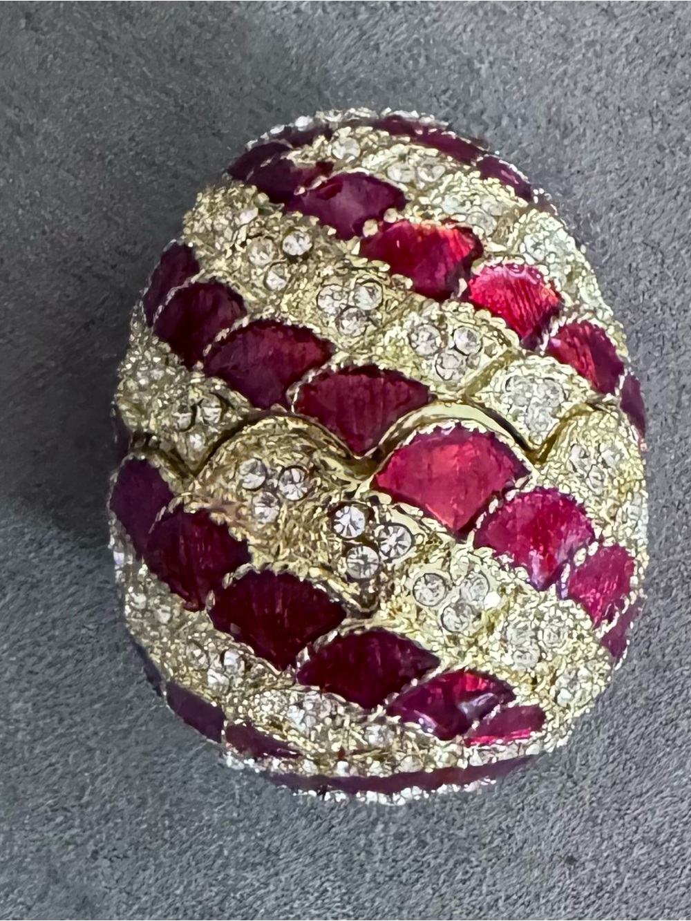 Decorative Gold-Tone Crystal Egg Trinket Box with Deep Red  Enamel